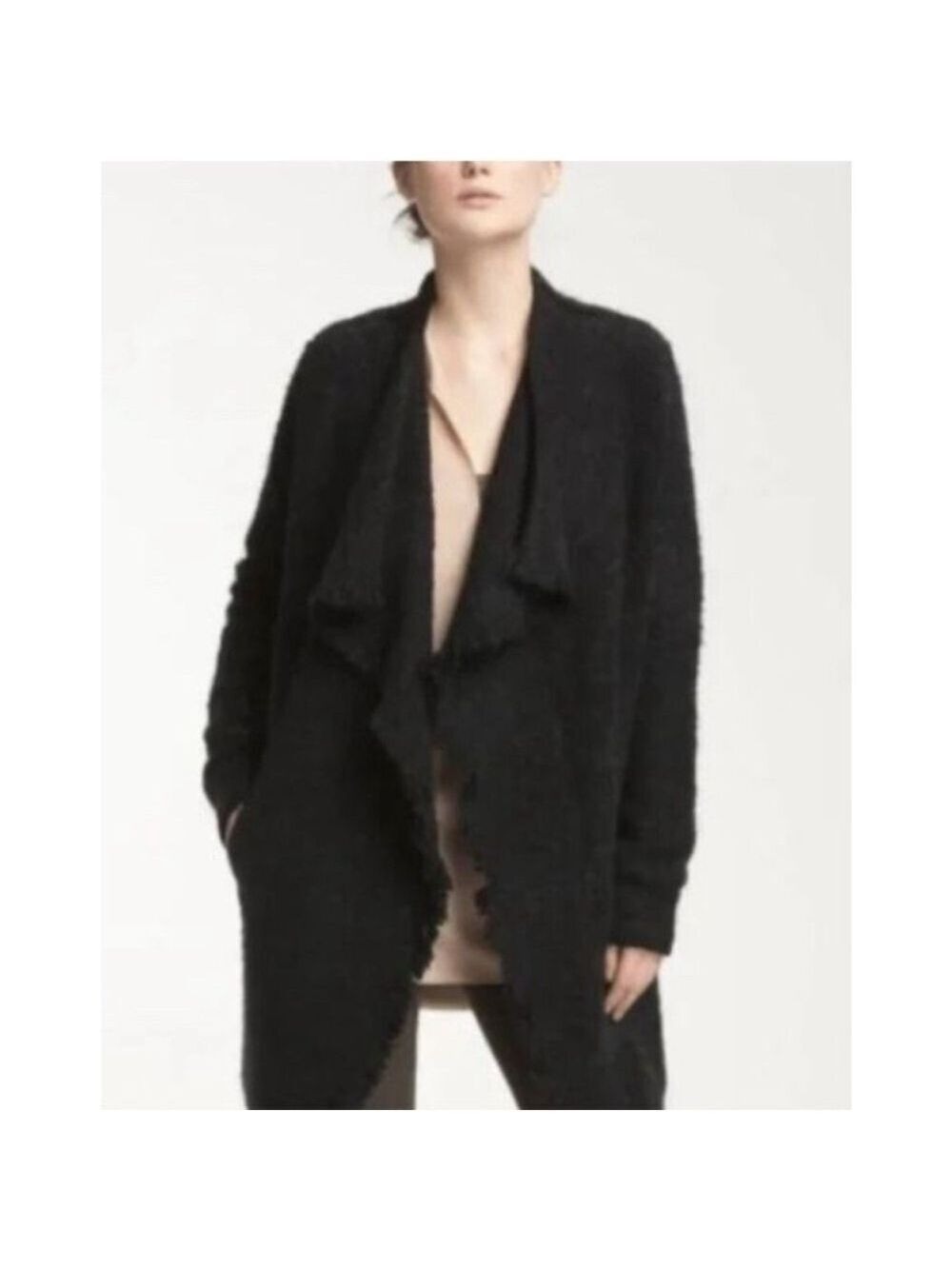 VINCE Wool Mohair Chunky Cardigan Sweater Small Black Open Front Chunky Knit